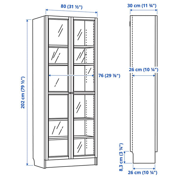 IKEA BILLY Bookcase with glass doors, white, 80x30x202 cm