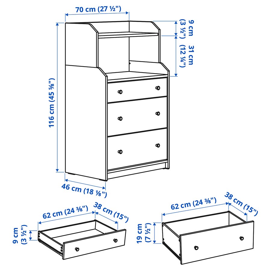 IKEA HAUGA Chest of 3 drawers with shelf, white, 70x116 cm