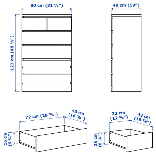 IKEA MALM Chest of 6 drawers, oak veneer, 80x123 cm