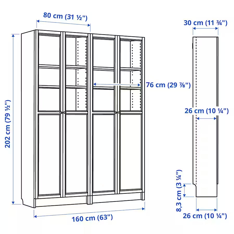 IKEA BILLY Bookcase with glass/panel door, white, 160x30x202 cm