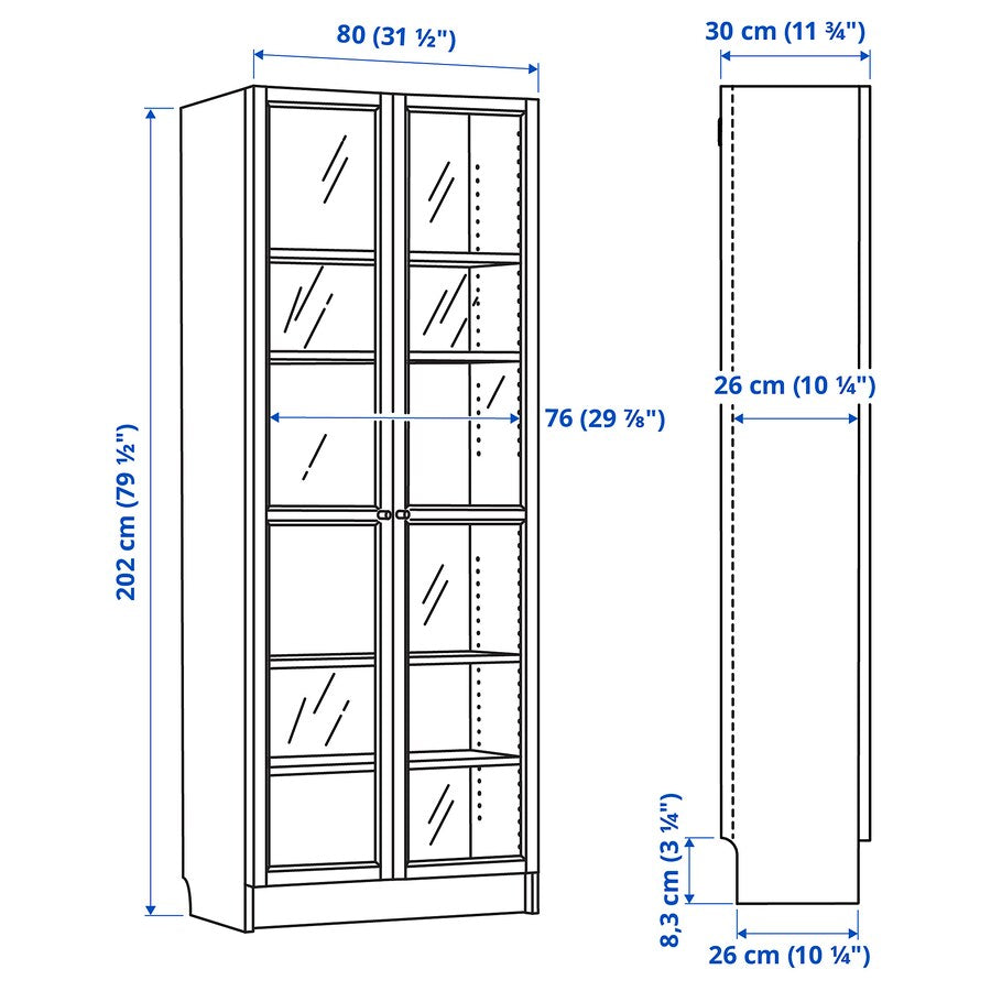 IKEA BILLY Bookcase with glass doors, white, 80x30x202 cm