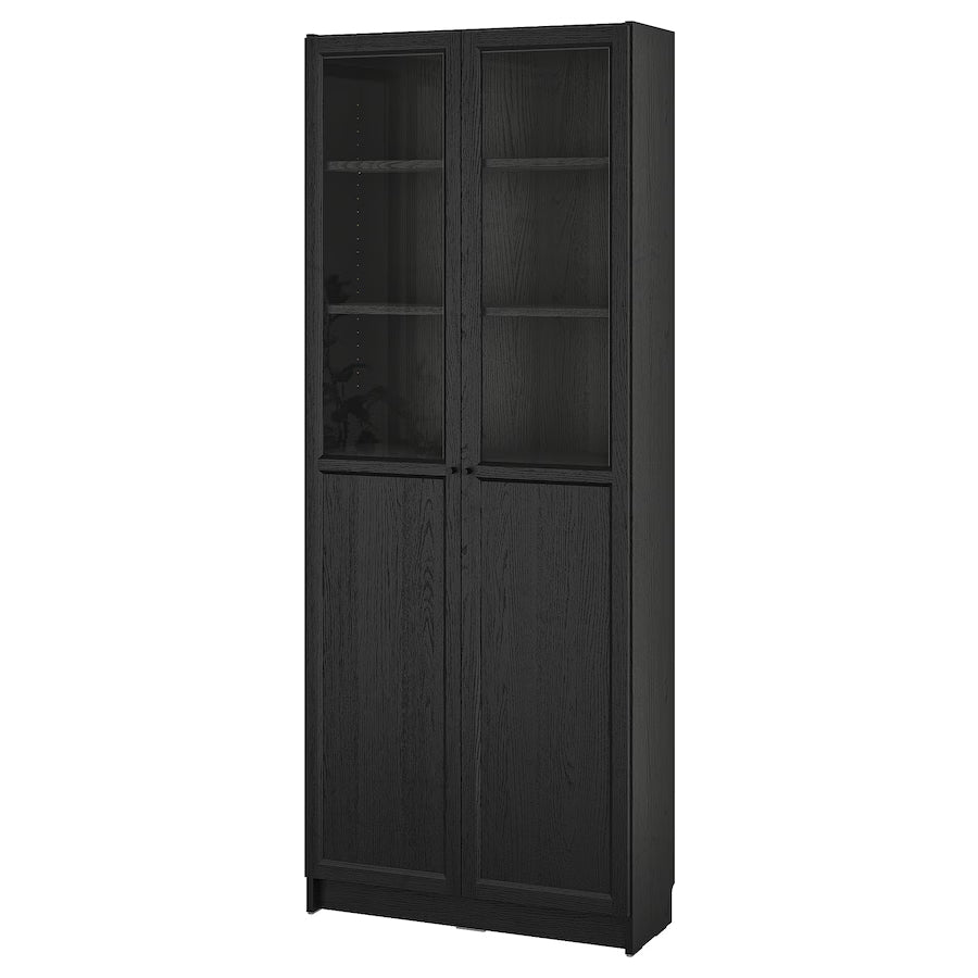 IKEA BILLY Bookcase with panel/glass doors, black oak effect, 80x30x202 cm