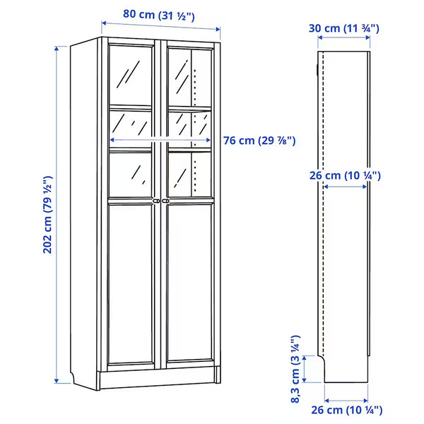 IKEA BILLY Bookcase with panel/glass doors, white, 80x30x202 cm
