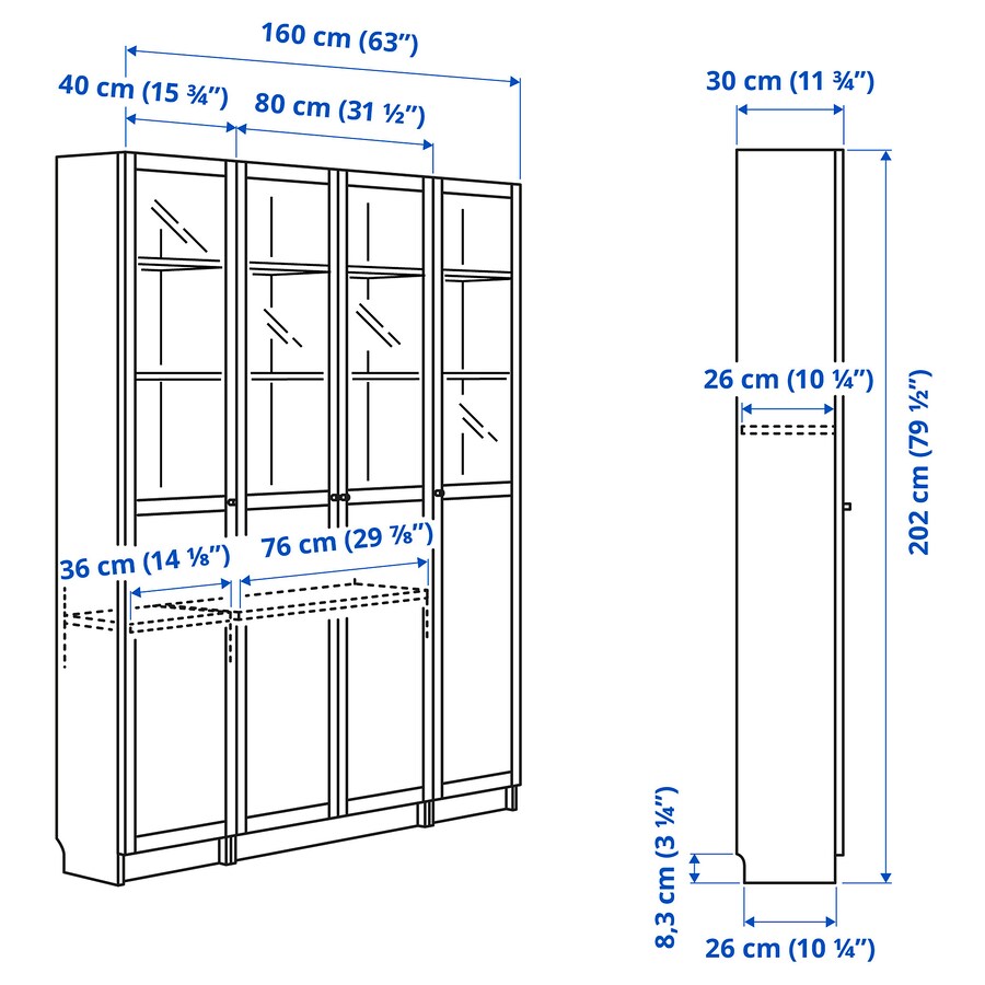 IKEA BILLY Bookcase w doors/extension, white, 160x30x237 cm