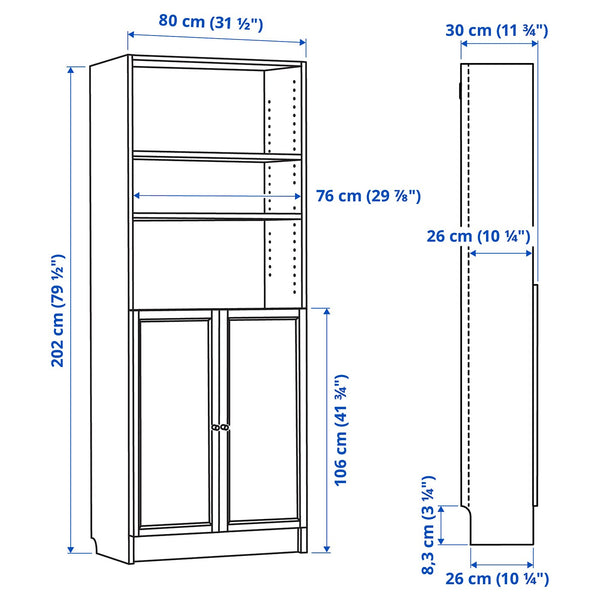 IKEA BILLY Bookcase with half doors, white, 80x30x202 cm