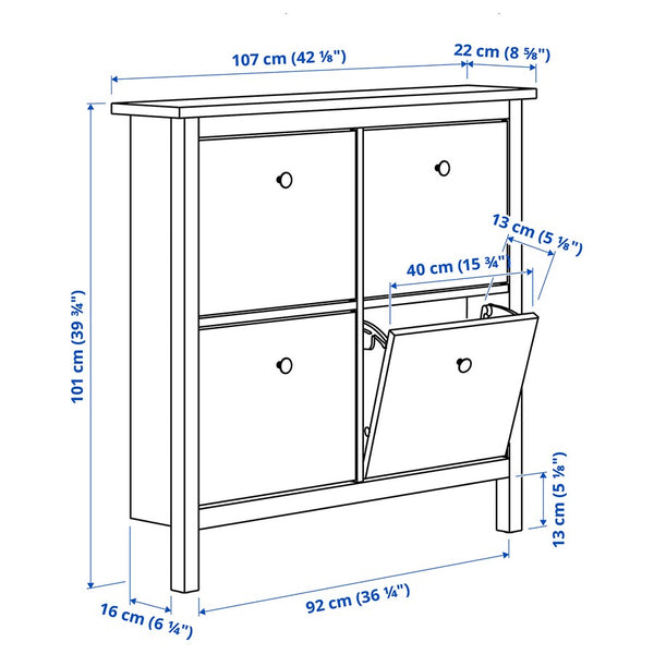 IKEA HEMNES shoe cabinet with 4 compartments, white, 107x22x101 cm
