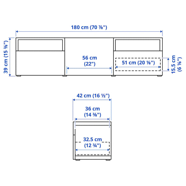 IKEA BESTA TV bench w door/2 drawers, white,180x42x39 cm