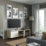 IKEA BESTA TV bench w high gloss white doors, white stained oak,180x42x38 cm