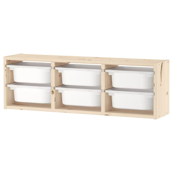 IKEA TROFAST wall storage with 6 white boxes, pine, 93x30 cm