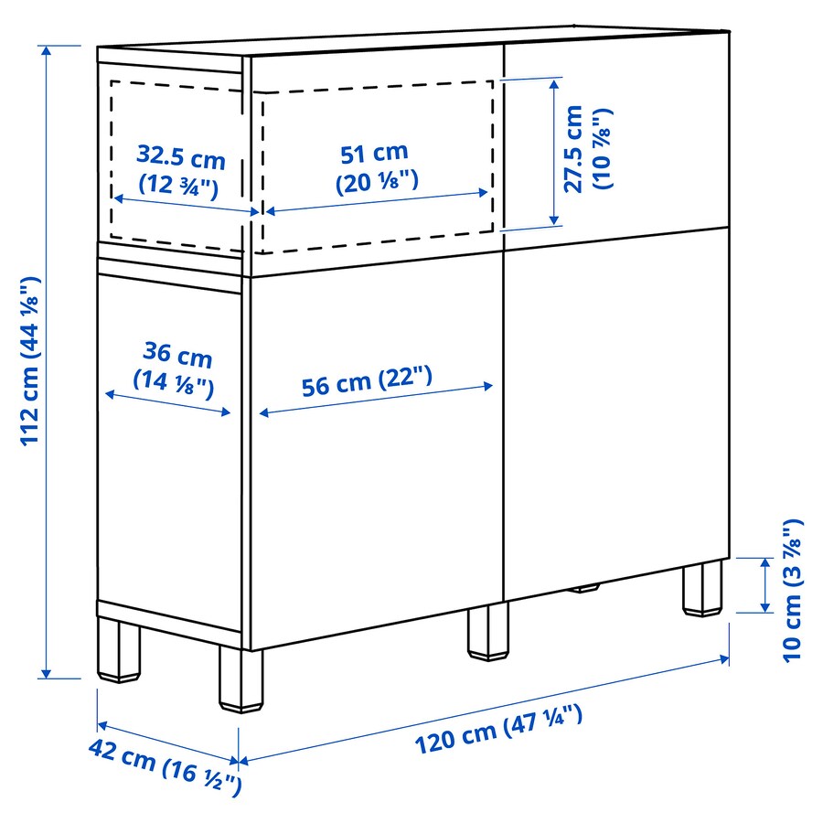 IKEA BESTA storage combination w 2 drawers/2 doors, white,120x42x112 cm