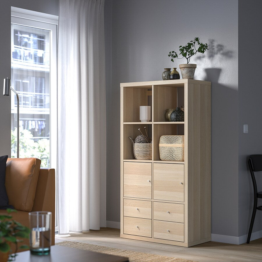 IKEA KALLAX 4x2 shelving with 2 drawers/2 doors, oak effect, 77x147 cm