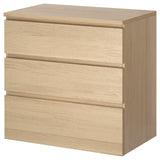 IKEA MALM chest of 3 drawers, white stained oak veneer, 80x78 cm