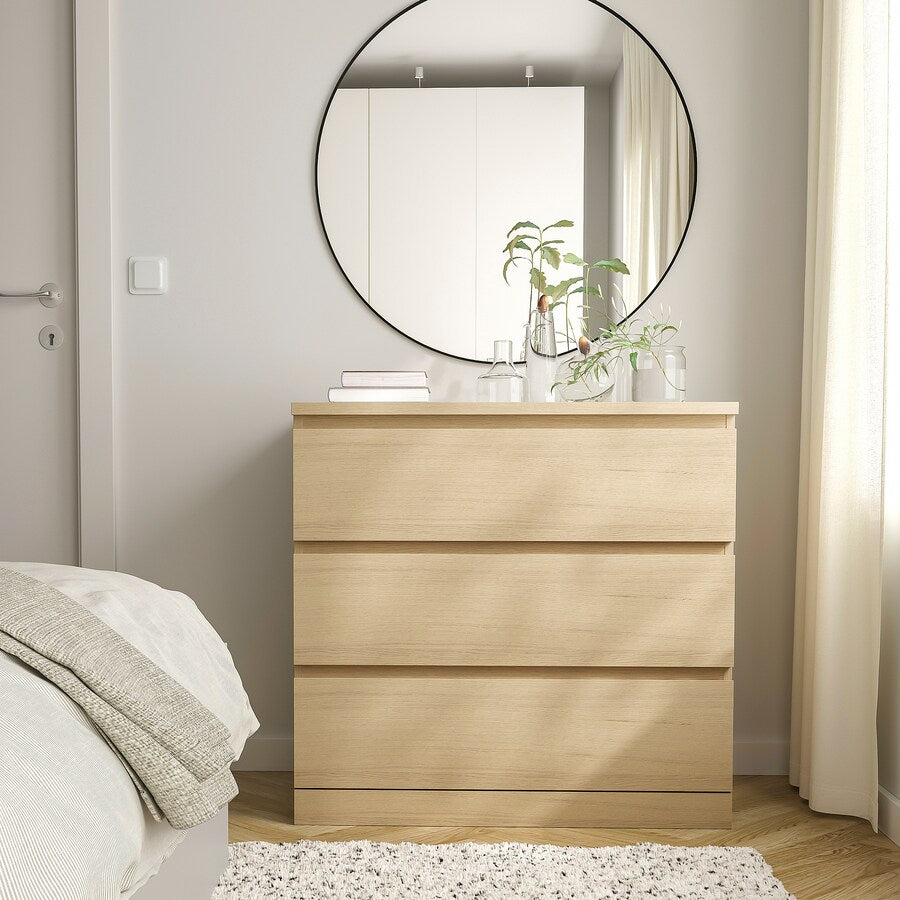 IKEA MALM Chest of 3 drawers, oak veneer, 80x78 cm