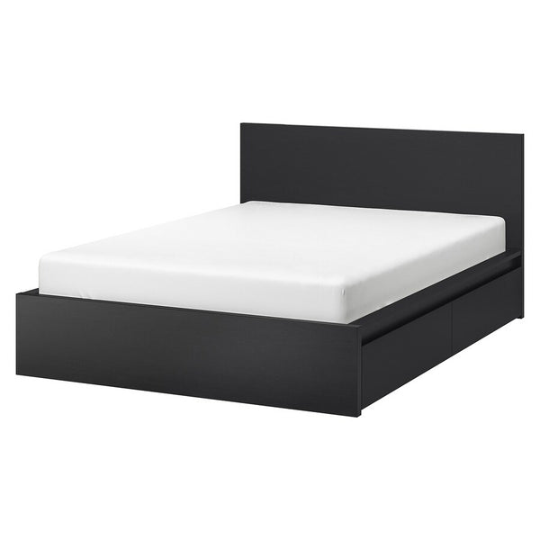 IKEA MALM bed frame with 4 storage boxes, black-brown/Luroy, queen size