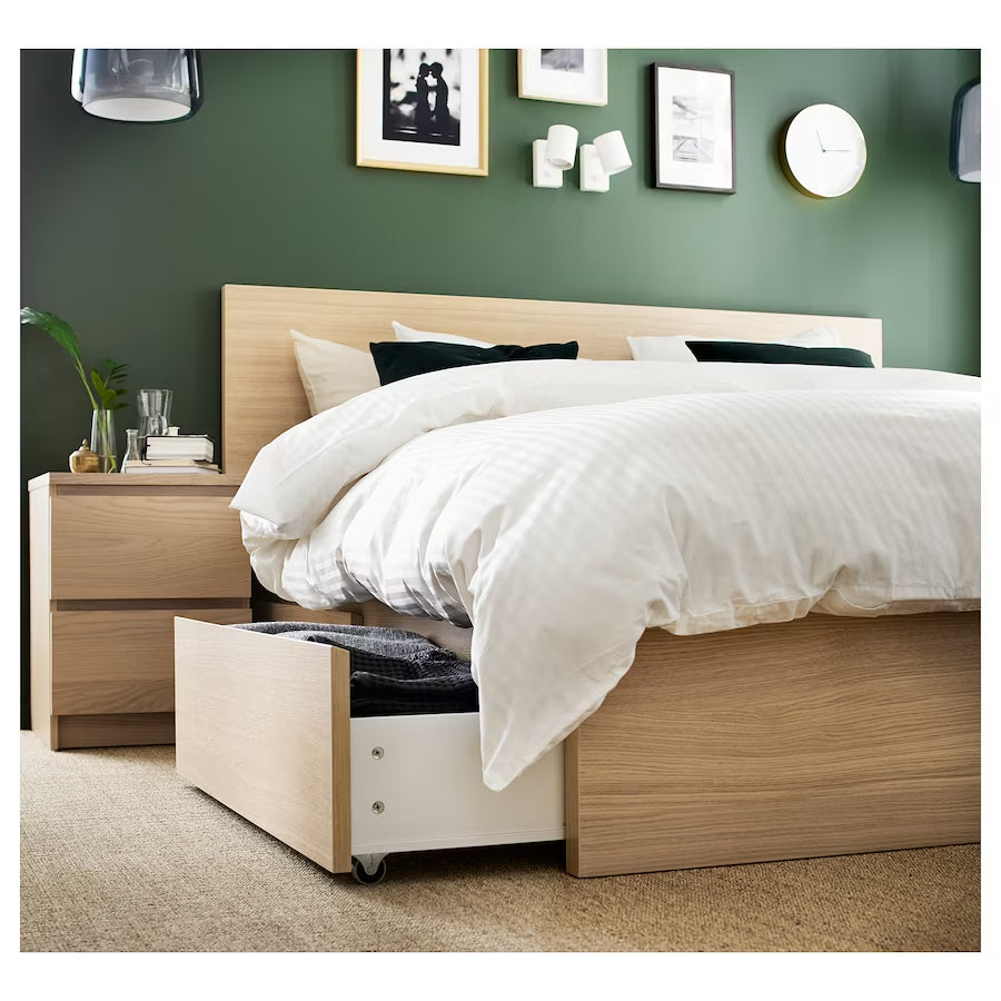 IKEA MALM bed frame with 4 storage boxes, white stained oak veneer/Luroy, queen size