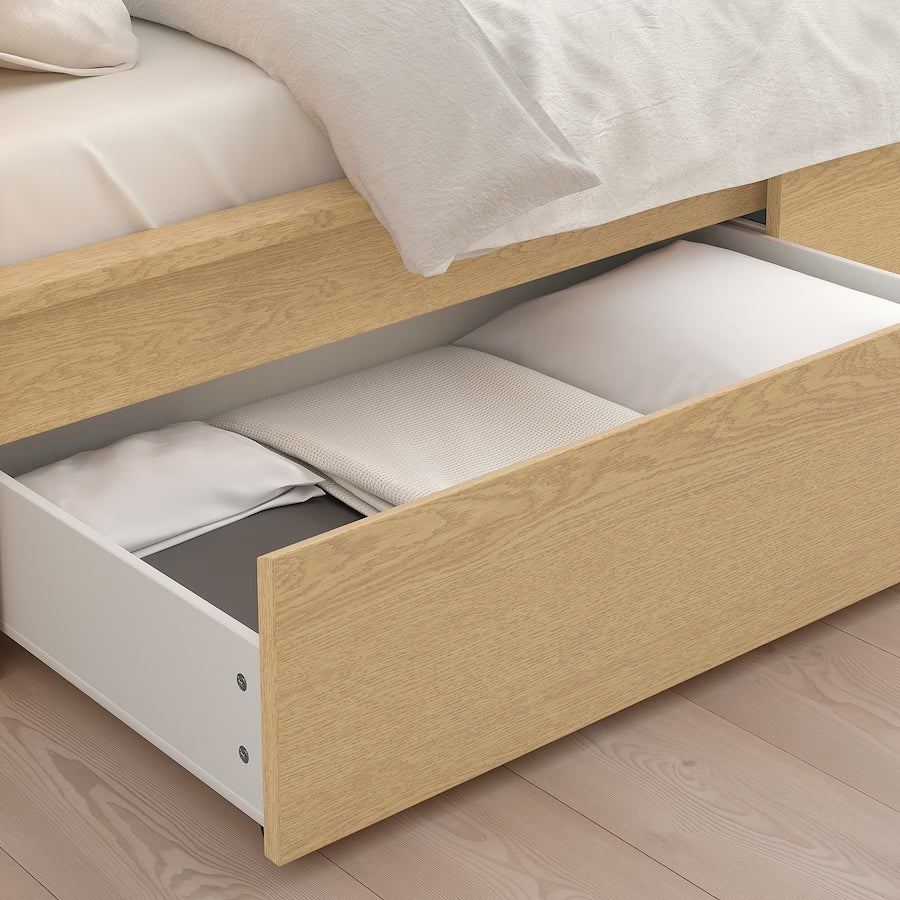 IKEA MALM bed frame with 4 storage boxes, white stained oak veneer/Luroy, queen size